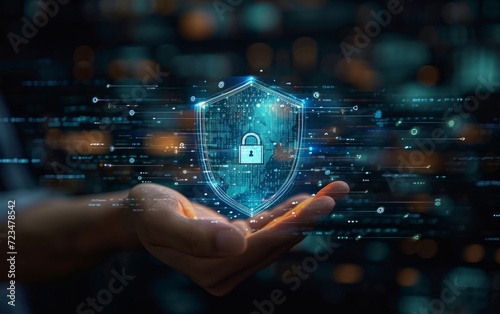 Digital Hand Presenting Cybersecurity Shield