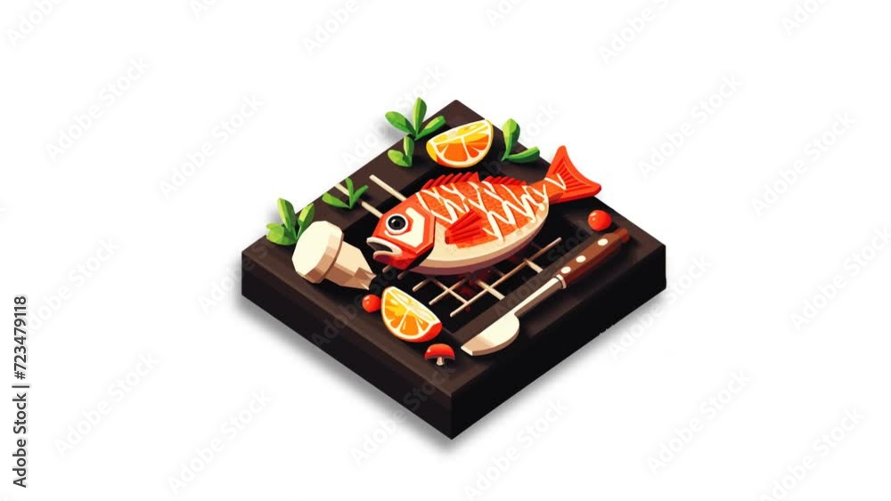 Barbeque Fish Icon of nice animated for your Traveler isometric videos easy to use with Transparent Background