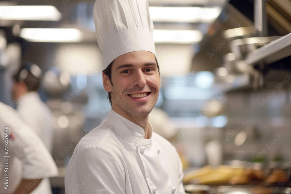 Male chef in white uniform smiles at camera on kitchen