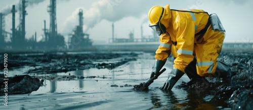 Scientist in safety gear cleaning oil spill for industry safety concept. photo
