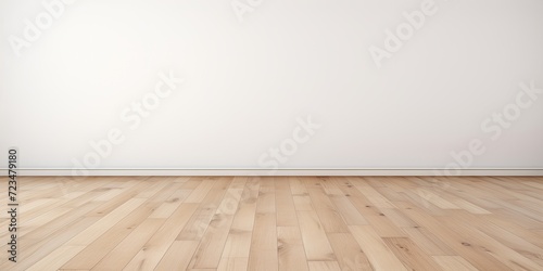 Empty white wall with hardwood wooden floor and large copy space for text or advertisement.