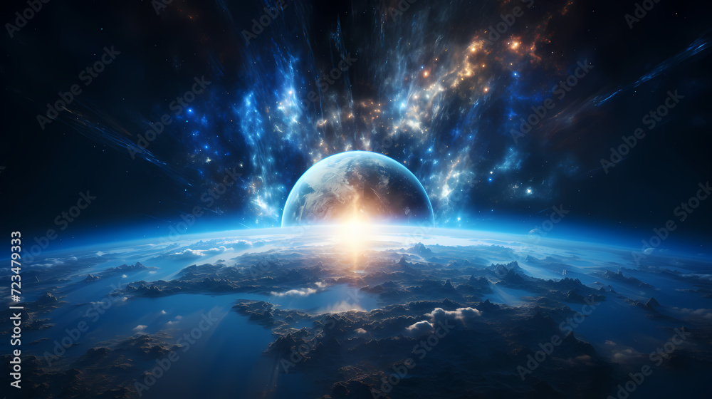 Fototapeta premium Earth in the cosmic sky, abstract space background of a planet in the universe