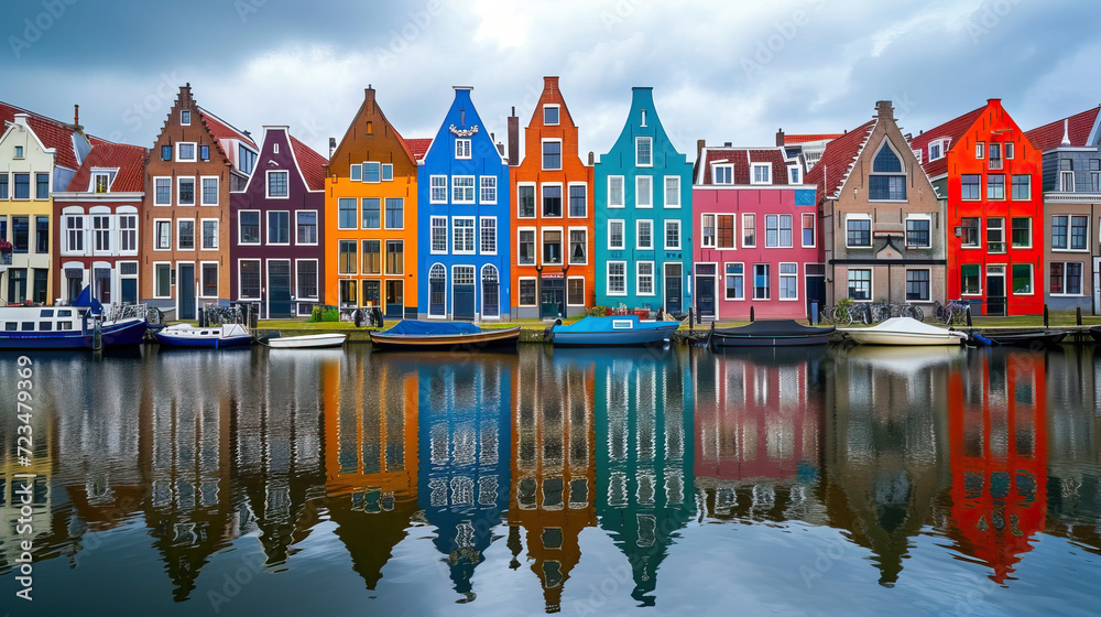 Obraz premium Charming European Cityscape with Waterfront Houses Reflecting in a Serene Canal under the Sky