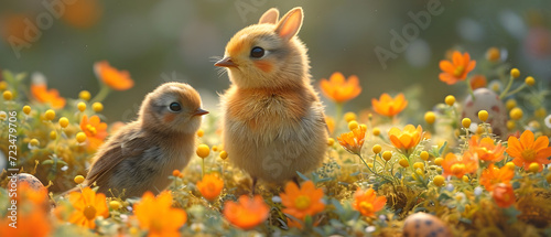 Two Chickens Standing on a Field of Flowers