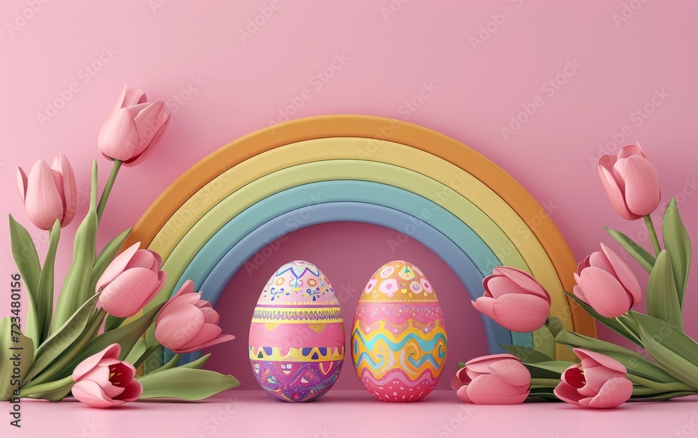 3D Colorful Easter Setup with Rainbow