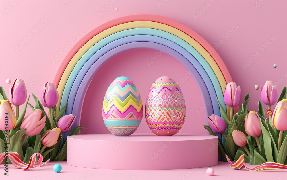 3D Colorful Easter Setup with Rainbow