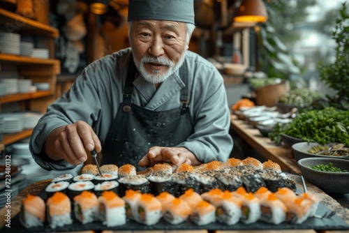 A skilled man dons his chef's hat and apron as he artfully crafts a delicate seafood delicacy in the bustling indoor market - a culinary masterpiece known as sushi