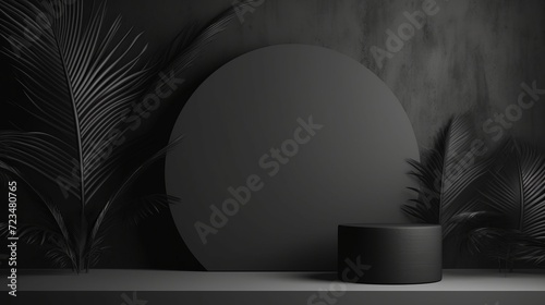 3d render mockup podium stand table shelf. Black white abstract background. Palm tree leaf shadow. Nature. Dark gray. Design beauty product cosmetics. Wall stage room studio. Design concept. Creative