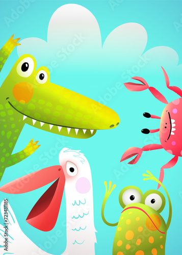 Funny animals greeting cards template. Crocodile frog bird and crab, cute friends cheering. Funny cartoon background scene for kids invitation or greeting card. Vector illustration for children.