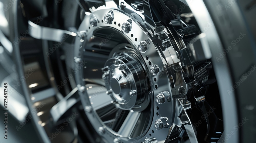 A closeup of the center hub shows a precise and seamless connection between the wheel and the cars axle. A closeup of the center hub shows a precise and seamless connection between the wheel and the cars axle.