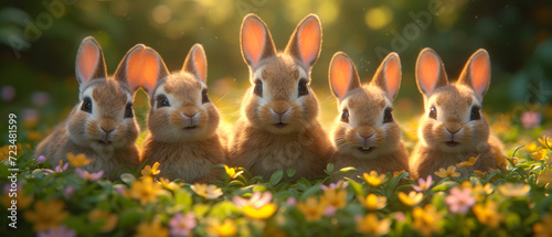 Group of Rabbits Sitting in a Field of Flowers