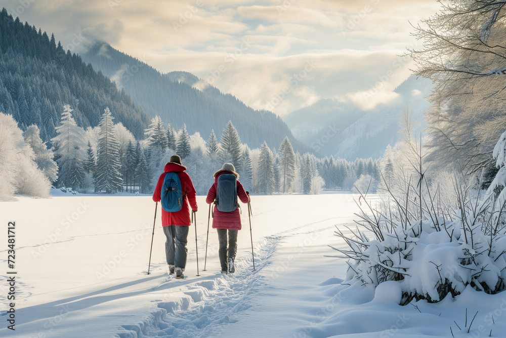 Couple Walking With Nordic Walking Poles Across Snow Covered Forest