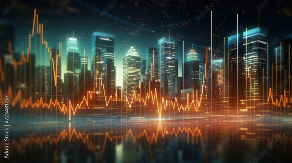 Panoramic abstract stock market growth city. Generate AI image