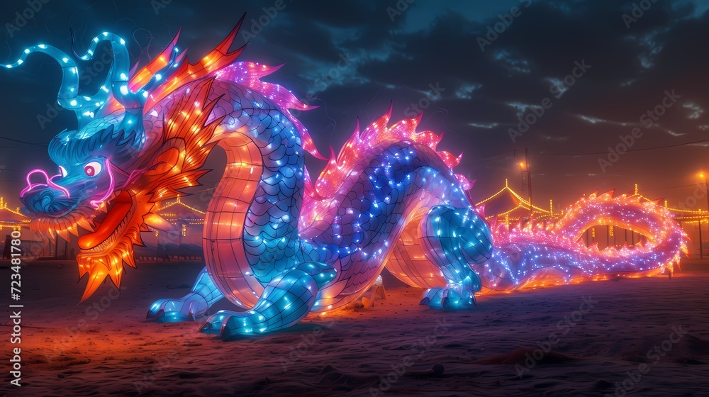 neon dragon in landmark, long nian, celebrating 2024 Chinese new year