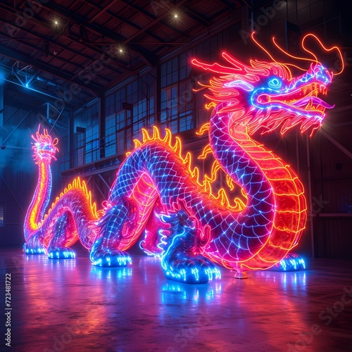 colorful neon dragon in the city , long nian, celebrating 2024 Chinese new year © Wipada