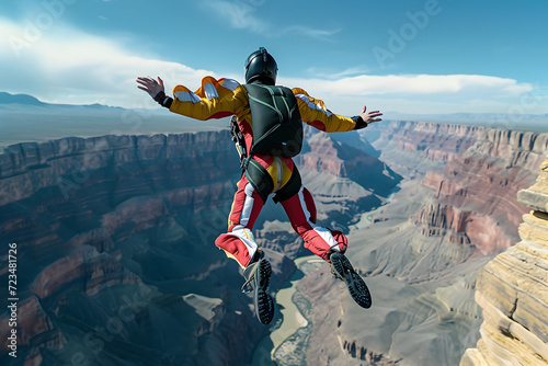 Aerial Stuntman Flying Above a Canyon