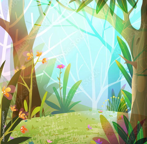 Fantasy fairy tale forest landscape scenery in spring with sunbeam. Cartoon jungle background, nature landscape with trees branches and grass. Vector hand drawn cartoon illustration for children book.