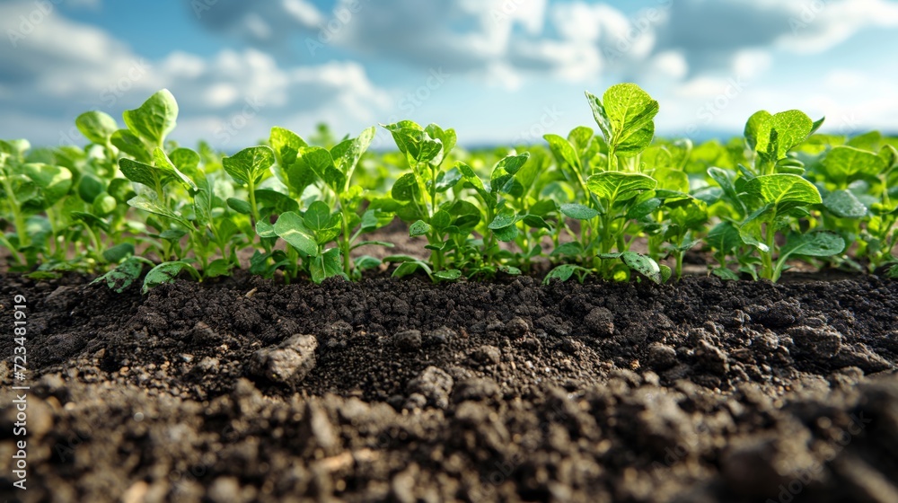 Close up rows of small plants on a field in black soil. Close up rows of small plants on a field in black soil.