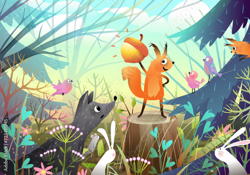 Forest animals meeting in the forest. Cute squirrel showing her nut on the stump to birds wolf and rabbit. Kids fairy tale story illustration, animals in the woods. Hand drawn children vector cartoon.