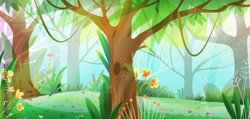 Fantasy fairy tale forest landscape scenery with trees. Cartoon jungle background, nature landscape with trees flowers and grass. Vector hand drawn background cartoon illustration for children.