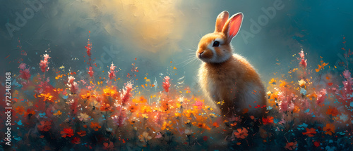 Rabbit Sitting in a Field of Flowers #723482168