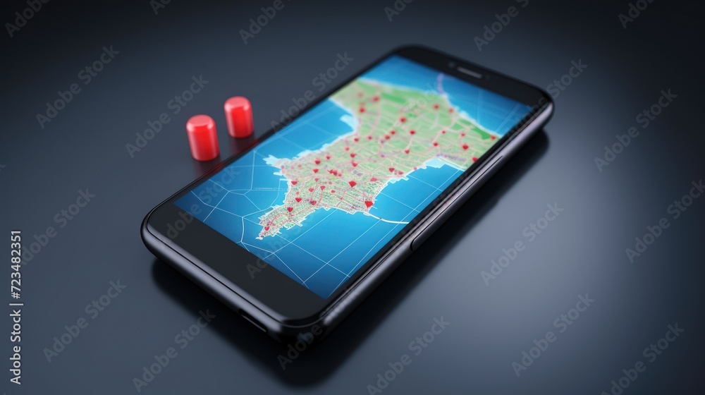 Smartphone with map and pin to show a destination. Generate AI image Smartphone with map and pin to show a destination. Generate AI image