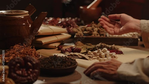 Physician carefully picks various dried herbs for packaging, near a medicinal kettle on a wooden table. Embracing the essence of Traditional Chinese Medicine. photo