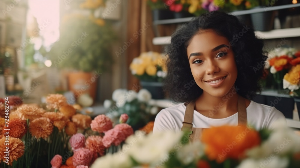 Radiant young female florist surrounded by colorful flowers in a cozy urban flower shop setting.