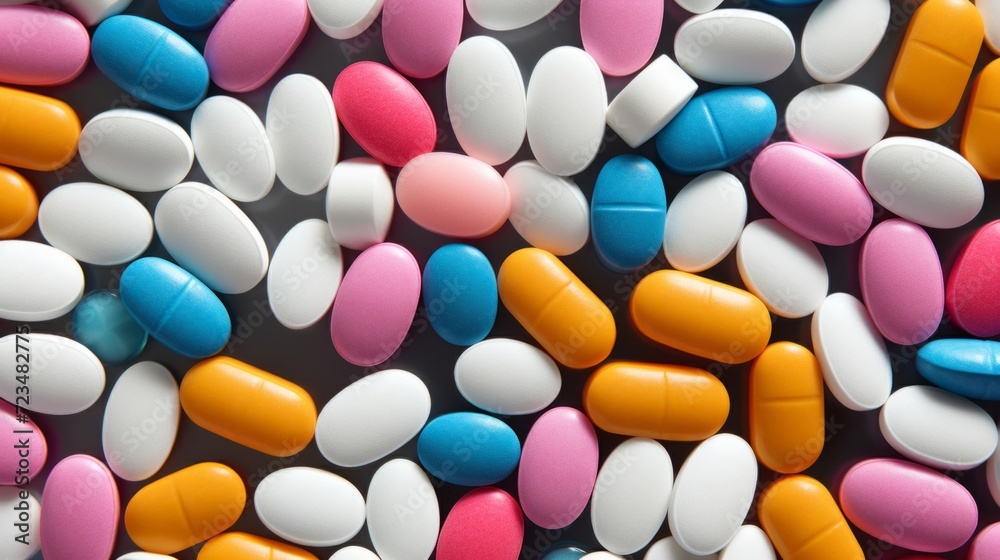 A close-up view of multicolored medication pills and tablets in an organized pattern. A close-up view of multicolored medication pills and tablets in an organized pattern.