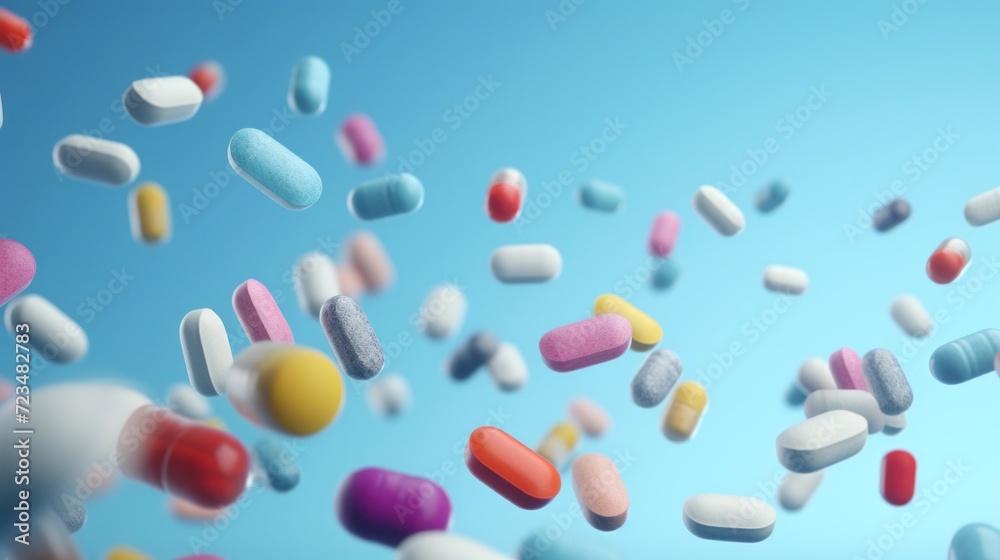Assorted pharmaceutical pills and capsules in mid-air with a serene blue backdrop. Assorted pharmaceutical pills and capsules in mid-air with a serene blue backdrop.