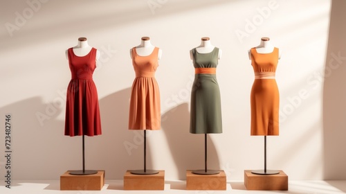 Fashionable women's dresses on mannequins in a minimalist display with a neutral background.