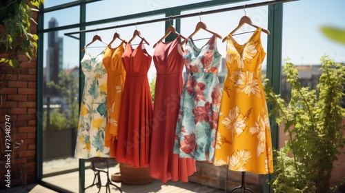 Assortment of vibrant summer dresses on hangers in a sunlit boutique with urban views.