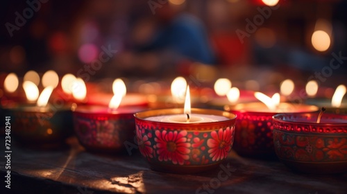 Decorative candles lit with a soft flame  creating a festive and intimate atmosphere in the darkness.