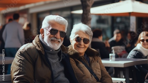 A happy elderly couple with sunglasses enjoying a sunny day together, sitting outdoors with a smile.