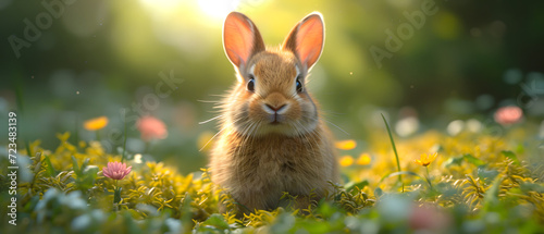 Rabbit Sitting in a Verdant Grass Field