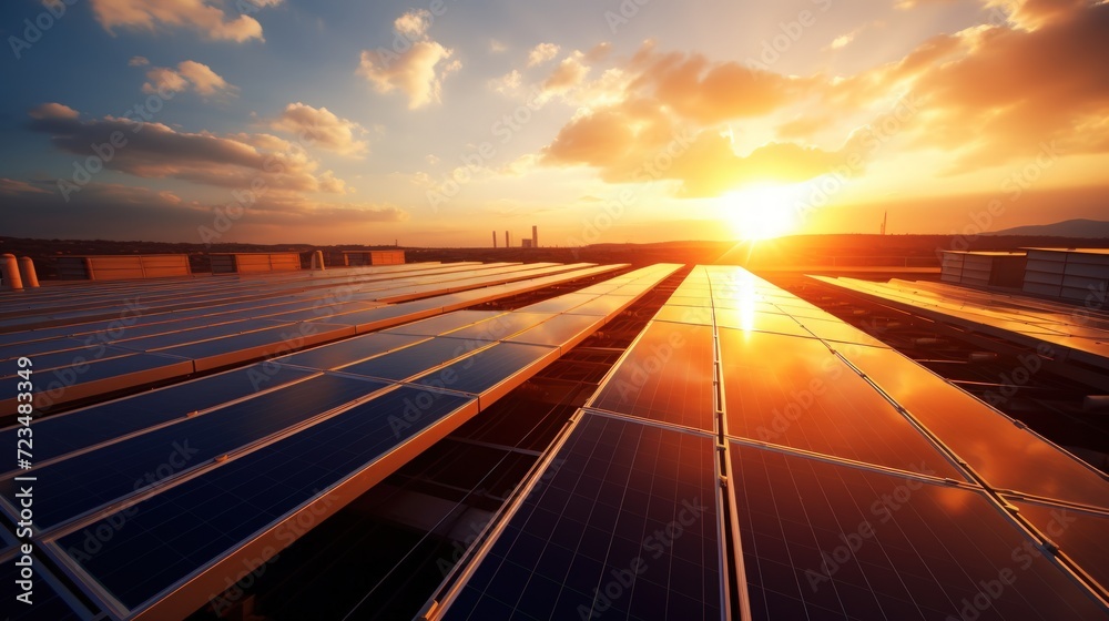 Fototapeta premium Beautiful sunset over solar panels. Generate AI image