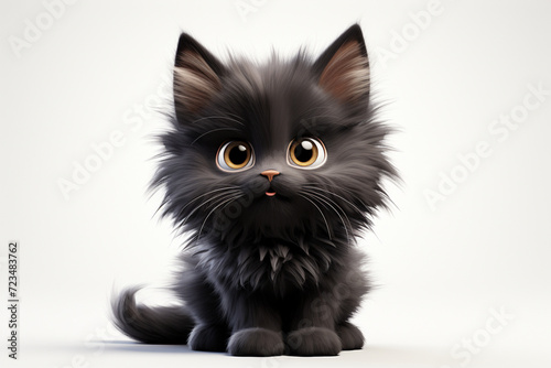 Black cat on a white background. Adorable 3D cartoon animal portrait. 