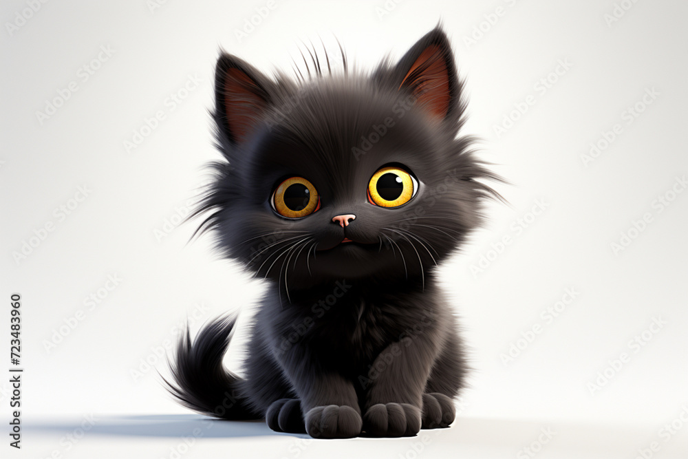 Black cat on a white background. Adorable 3D cartoon animal portrait.	
