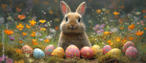 Rabbit Surrounded by Flowers and Colorful Eggs © Daniel
