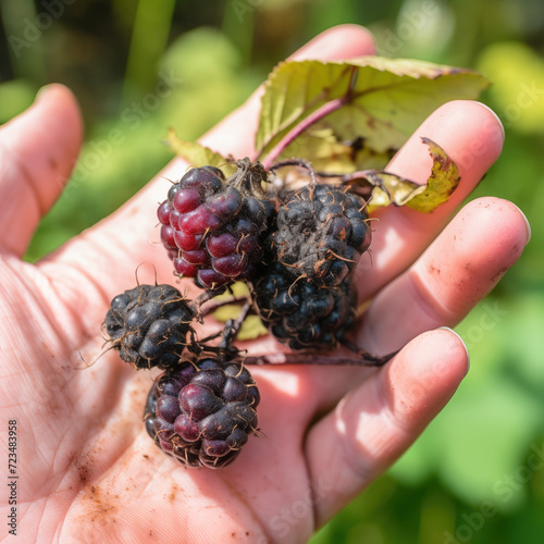 woman holds a rotten, spoiled crop, overripe boysenberry with dirty peel. protecting boysenberry fruits harvests from mold, fungus, decay and desease parasite for food waste decomposition concept photo