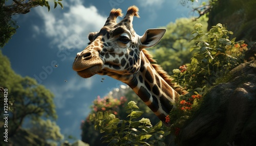 A gentle giraffe eating leaves from a tall tree