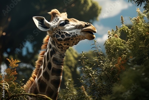 A gentle giraffe eating leaves from a tall tree