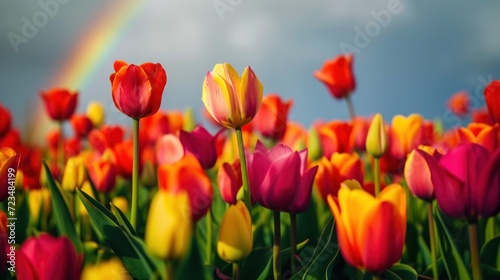 A field of vibrant tulips swaying in the breeze, a rainbow in the background