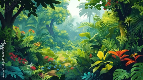 Artistic vector depiction of a lush botanical garden, featuring a variety of plants, flowers, and natural landscapes, vibrant and detailed © Sumalee