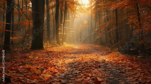 Autumn forest path covered in fallen leaves  golden light filtering through trees