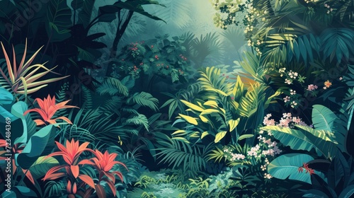 Artistic vector depiction of a lush botanical garden, featuring a variety of plants, flowers, and natural landscapes, vibrant and detailed