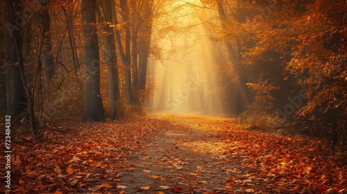 Autumn forest path covered in fallen leaves, golden light filtering through trees