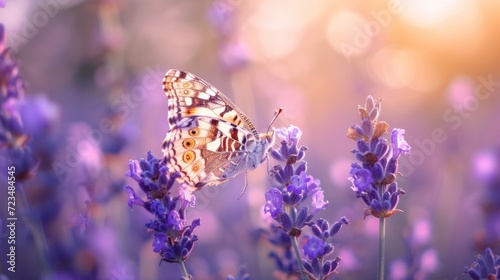 Macro shot of a butterfly on a blooming lavender, natural garden background