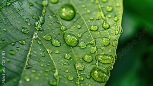 Macro shot of a leaf's surface showing veins and dew drops, vibrant green photo