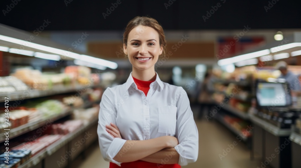 Obraz premium Friendly female supermarket employee with arms crossed smiling confidently in the store aisle.